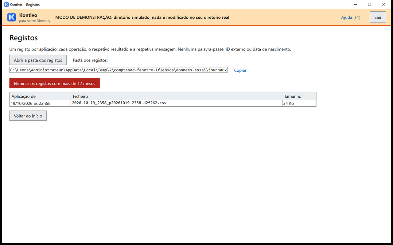 Ecrã Registos: pasta dos registos, botão Abrir a pasta dos registos seguido do caminho da pasta, botão Eliminar os registos com mais de 12 meses, lista com a data, o ficheiro e o tamanho.