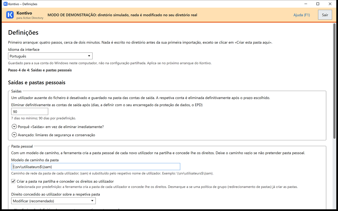 Passo 4 das definições, parte Pasta pessoal: modelo de caminho \\srv\pessoas$\{sam}, caixa Criar a pasta na partilha selecionada, direito Modificar, arquivo na eliminação, letra H:.