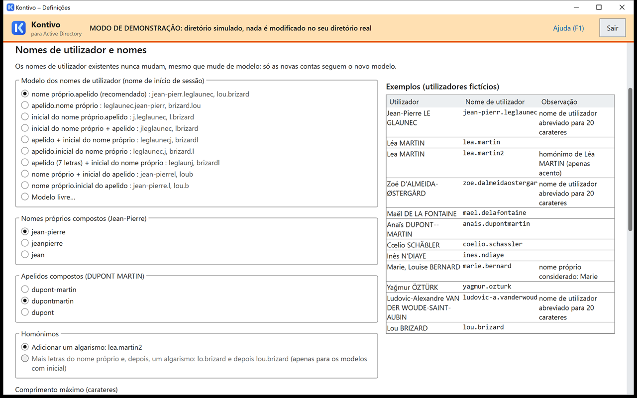 Definições do Kontivo: modelo de nome de utilizador das contas.