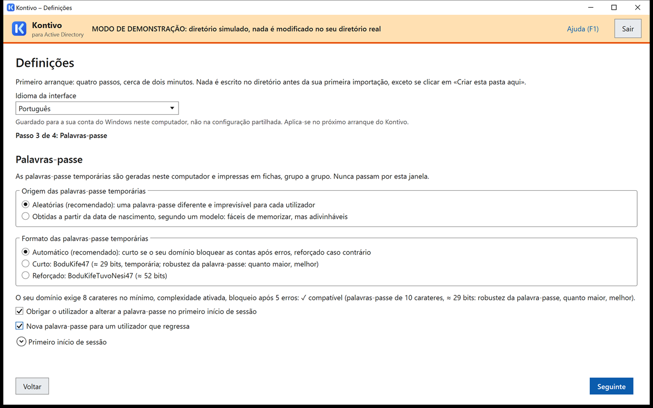 Passo 3 das definições: formato das palavras-passe temporárias (automático, curto, reforçado), política do domínio lida e duas caixas selecionadas.