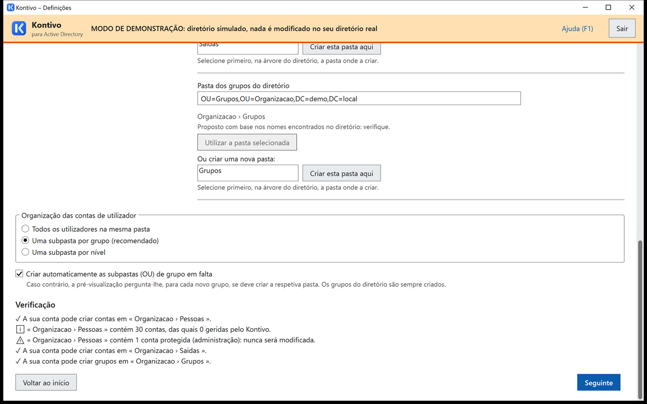 Fundo do passo 1: organização das contas de utilizador (uma subpasta por grupo, recomendado), caixa de criação automática e verificação com marcas verdes e o caminho completo de cada pasta.