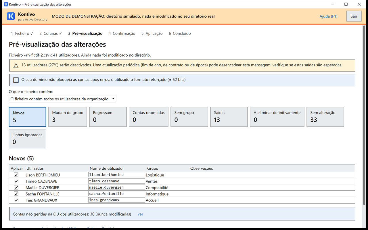 Pré-visualização da atualização com rh-fictif-2.csv: alerta sobre as saídas no topo; cartões Novos 5, Mudam de grupo 3, Saídas 12; lista das linhas.